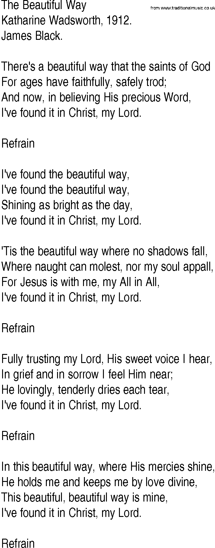 Hymn and Gospel Song: The Beautiful Way by Katharine Wadsworth lyrics