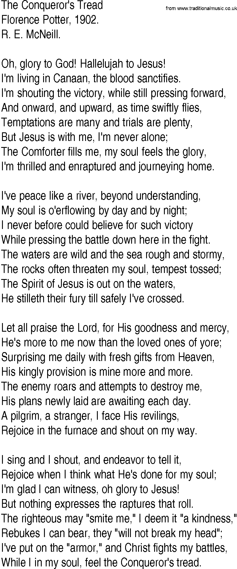 Hymn and Gospel Song: The Conqueror's Tread by Florence Potter lyrics