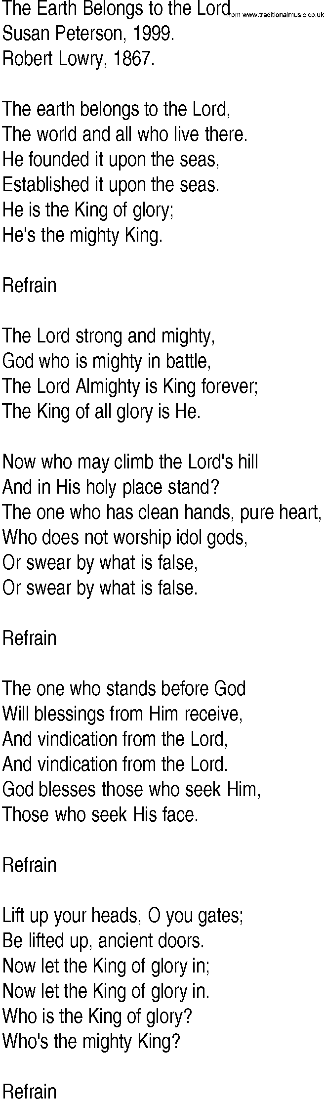 Hymn and Gospel Song: The Earth Belongs to the Lord by Susan Peterson lyrics