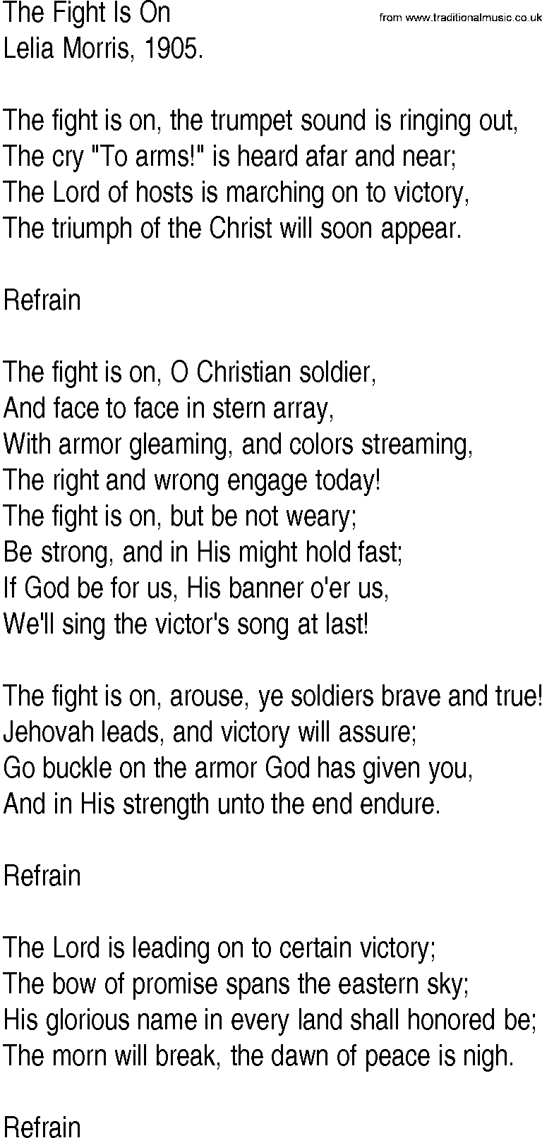 Hymn and Gospel Song: The Fight Is On by Lelia Morris lyrics