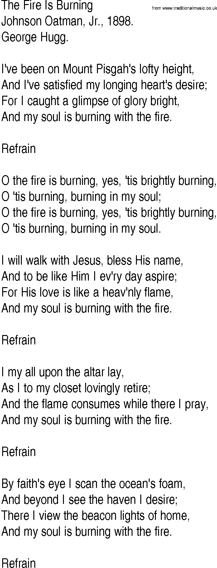 Hymn and Gospel Song: The Fire Is Burning by Johnson Oatman Jr lyrics
