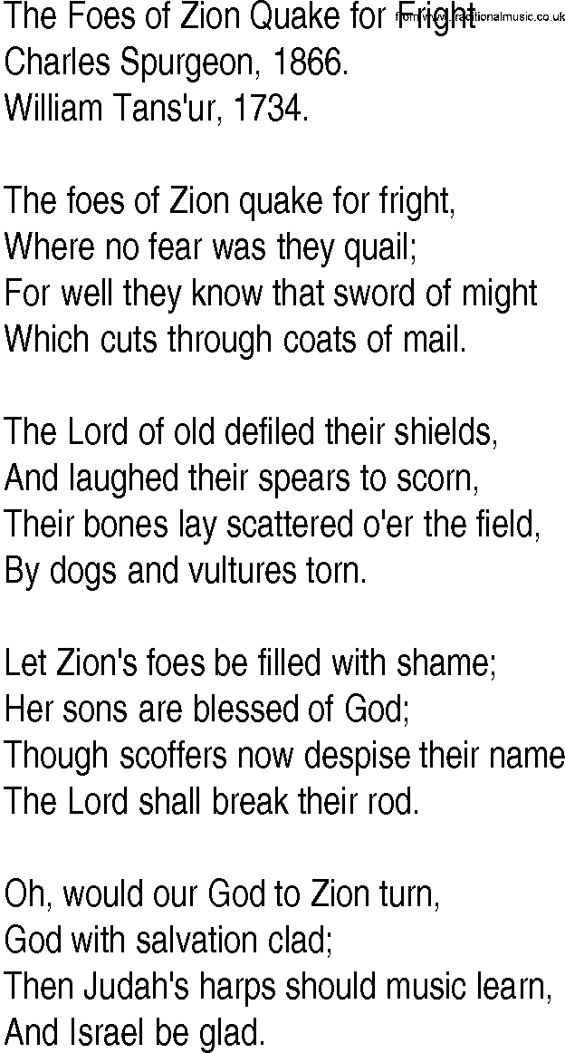 Hymn and Gospel Song: The Foes of Zion Quake for Fright by Charles Spurgeon lyrics