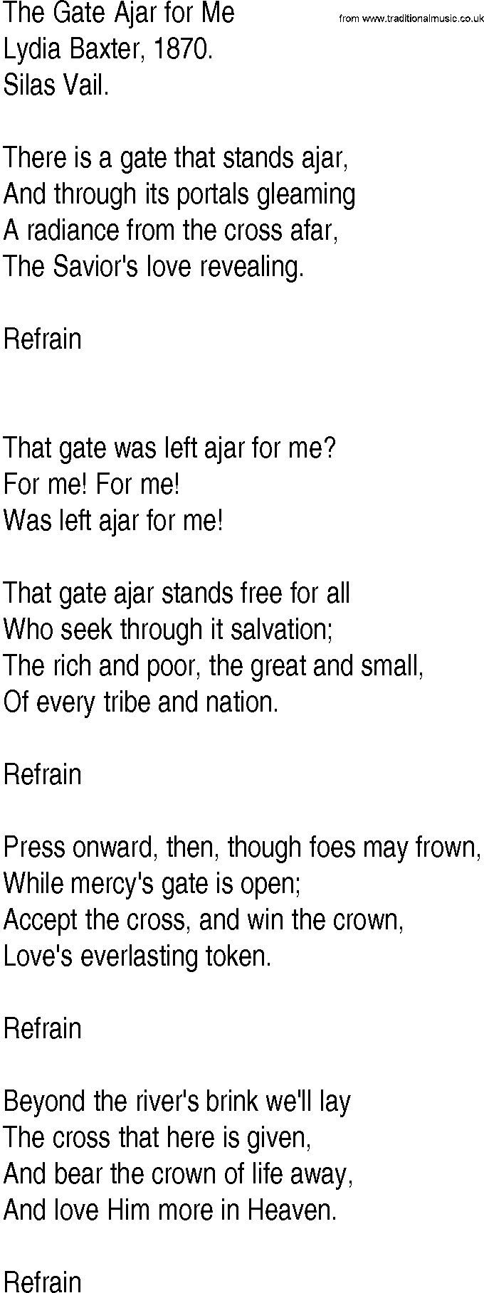 Hymn and Gospel Song: The Gate Ajar for Me by Lydia Baxter lyrics