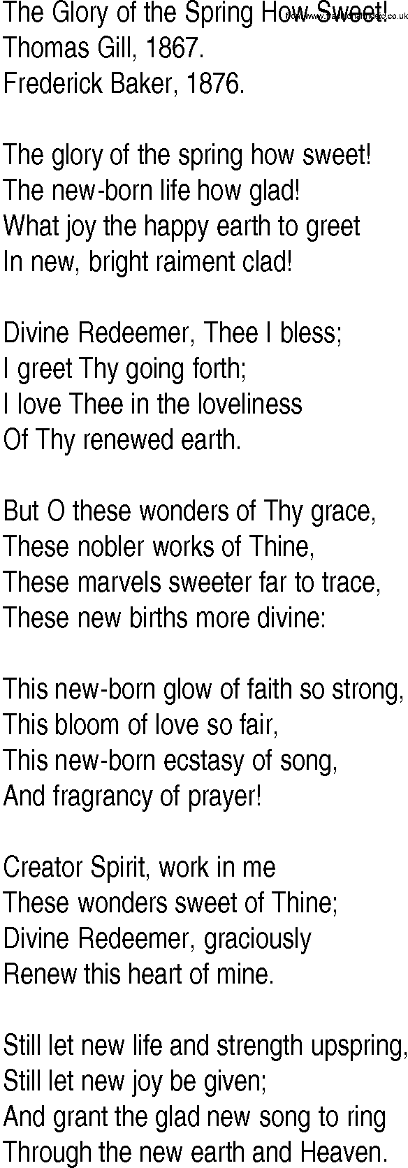 Hymn and Gospel Song: The Glory of the Spring How Sweet! by Thomas Gill lyrics
