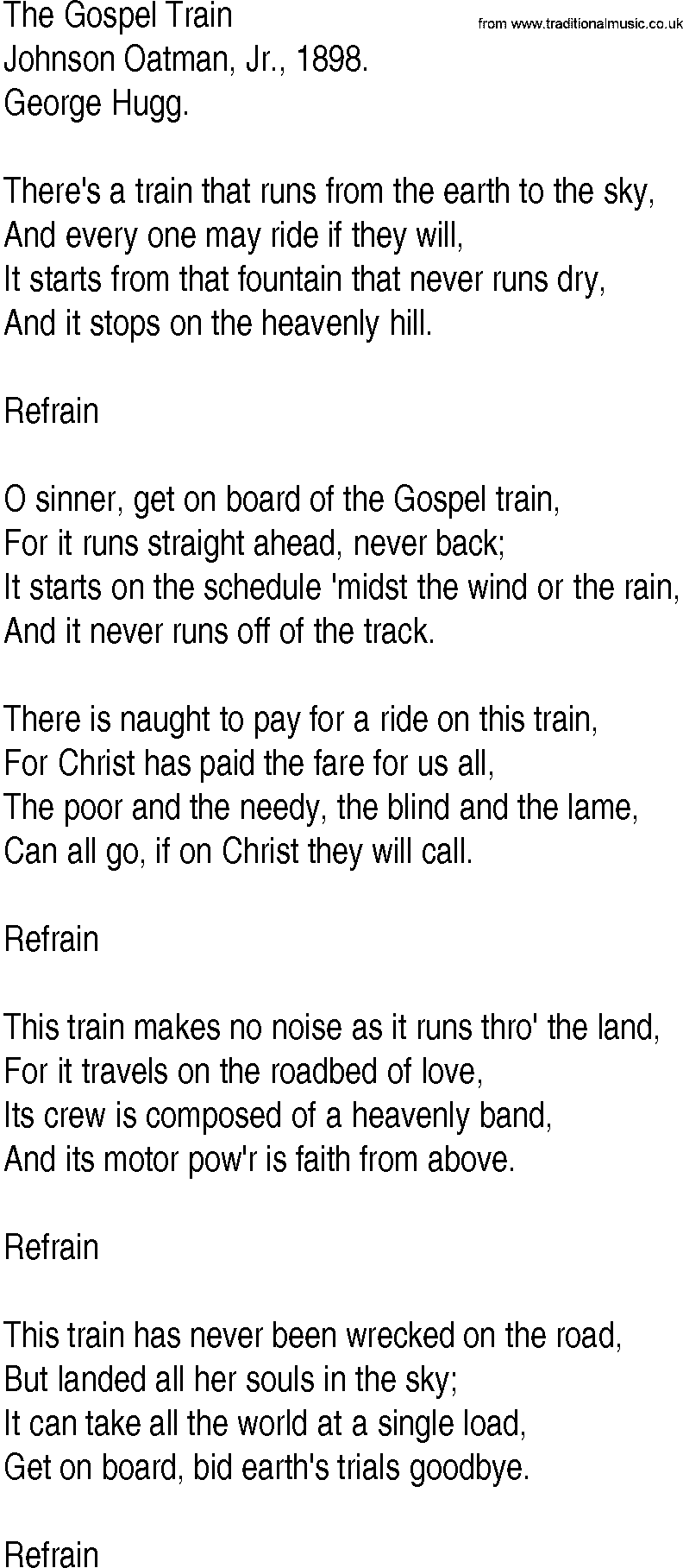 Hymn and Gospel Song: The Gospel Train by Johnson Oatman Jr lyrics