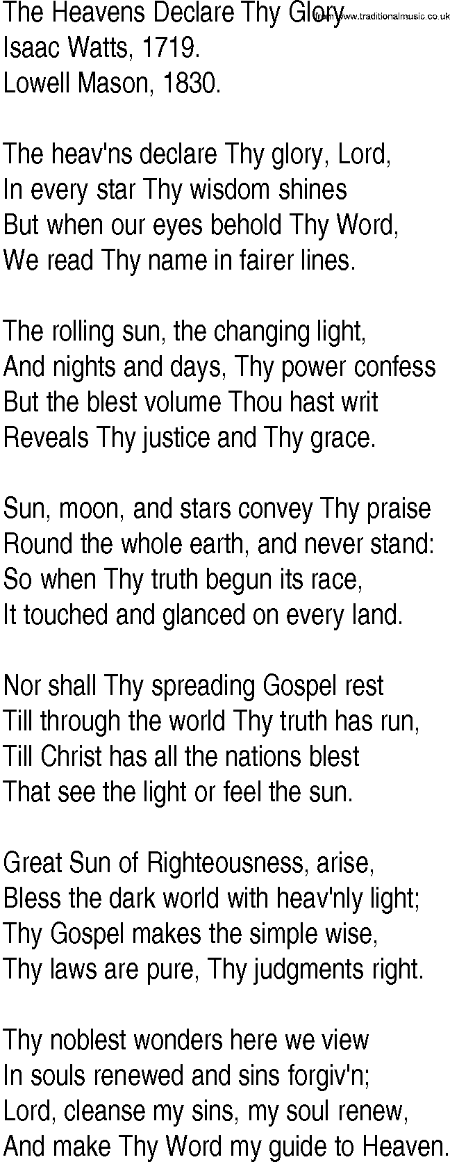 Hymn and Gospel Song: The Heavens Declare Thy Glory by Isaac Watts lyrics