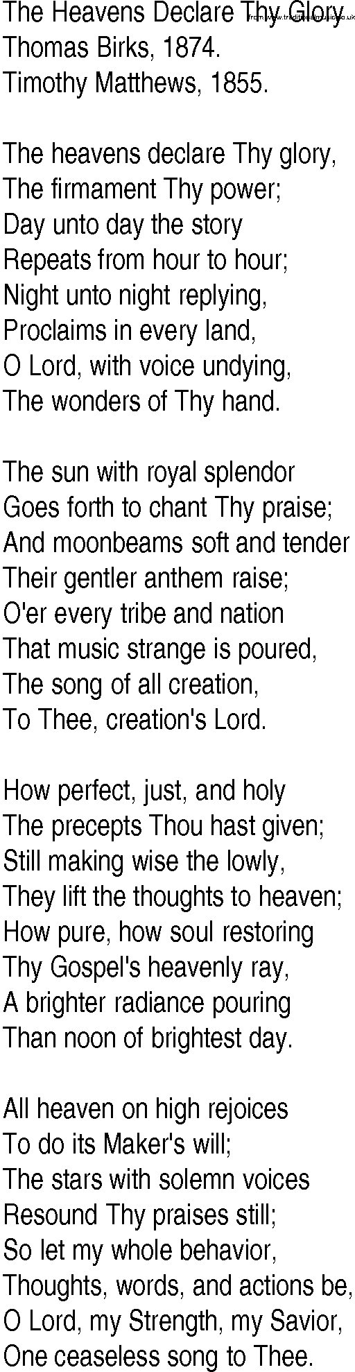 Hymn and Gospel Song: The Heavens Declare Thy Glory by Thomas Birks lyrics