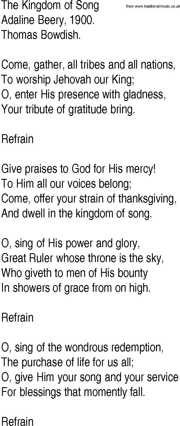 Hymn and Gospel Song: The Kingdom of Song by Adaline Beery lyrics