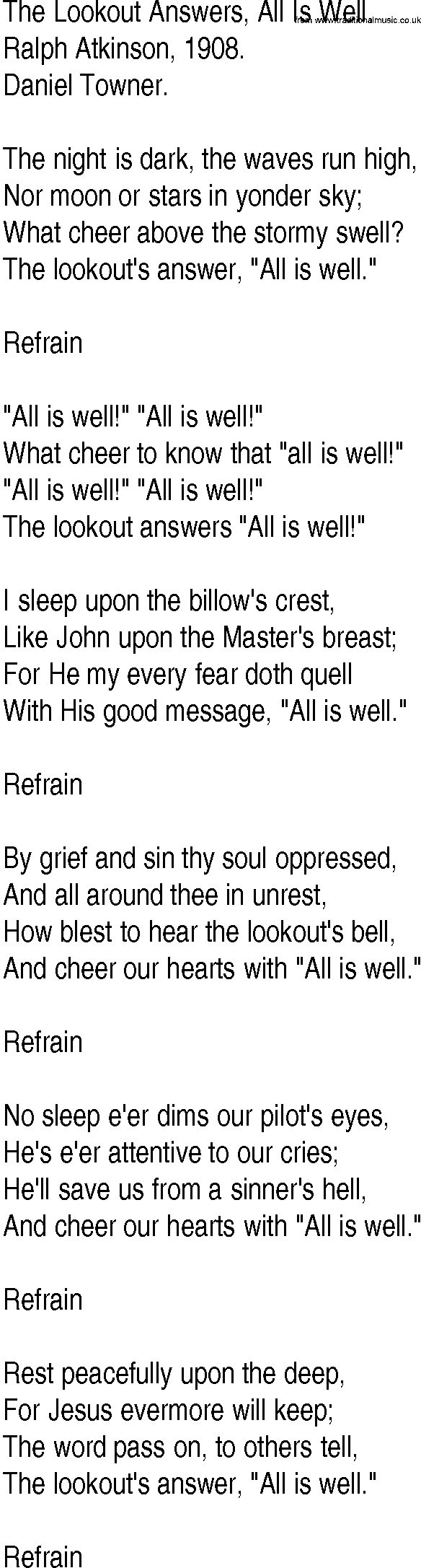 Hymn and Gospel Song: The Lookout Answers, All Is Well by Ralph Atkinson lyrics