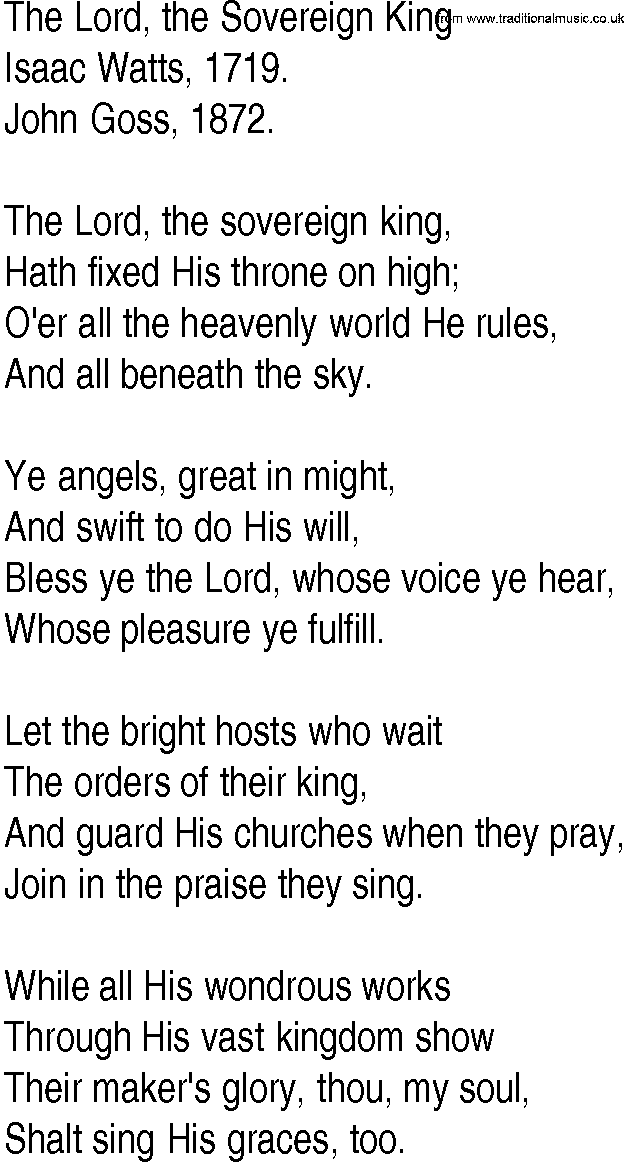Hymn and Gospel Song: The Lord, the Sovereign King by Isaac Watts lyrics