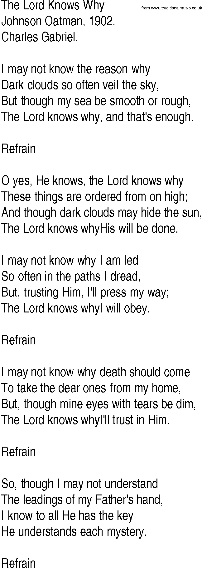 Hymn and Gospel Song: The Lord Knows Why by Johnson Oatman lyrics