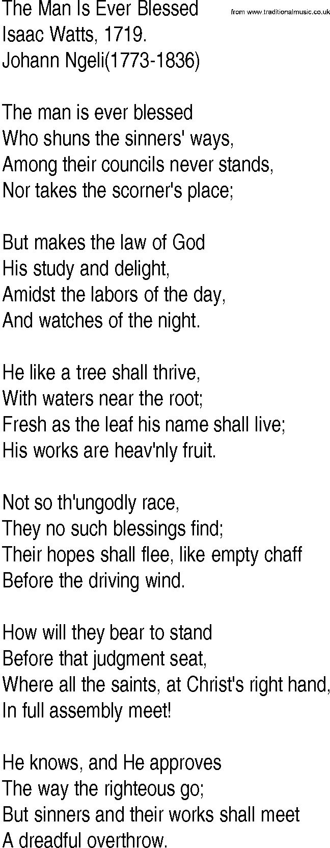 Hymn and Gospel Song: The Man Is Ever Blessed by Isaac Watts lyrics