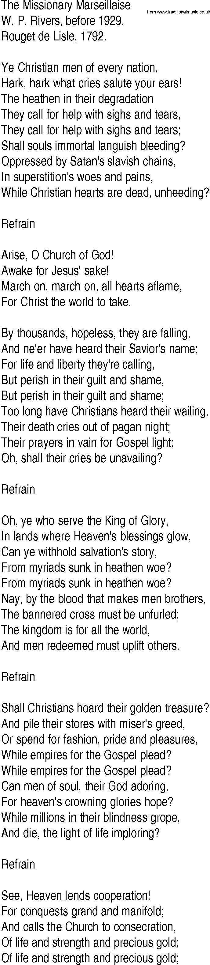 Hymn and Gospel Song: The Missionary Marseillaise by W P Rivers before lyrics