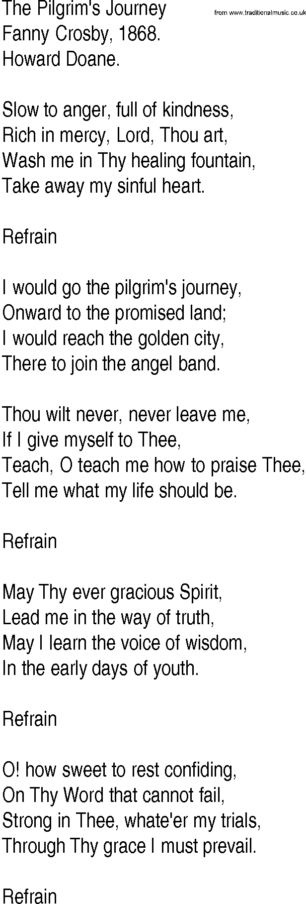 Hymn and Gospel Song: The Pilgrim's Journey by Fanny Crosby lyrics