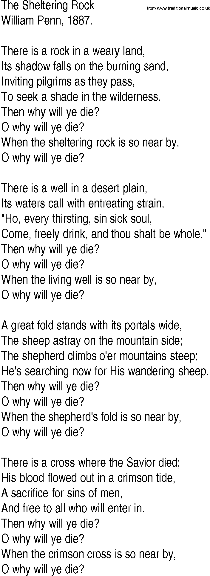 Hymn and Gospel Song: The Sheltering Rock by William Penn lyrics