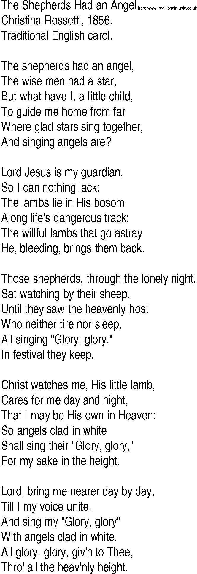 Hymn and Gospel Song: The Shepherds Had an Angel by Christina Rossetti lyrics