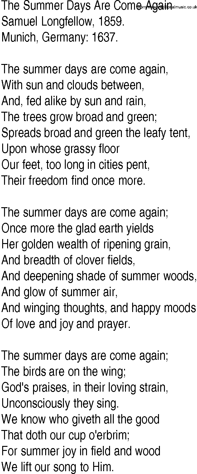 Hymn and Gospel Song: The Summer Days Are Come Again by Samuel Longfellow lyrics