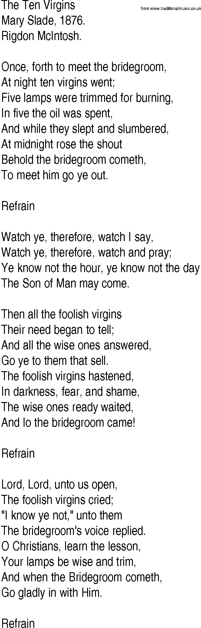 Hymn and Gospel Song: The Ten Virgins by Mary Slade lyrics