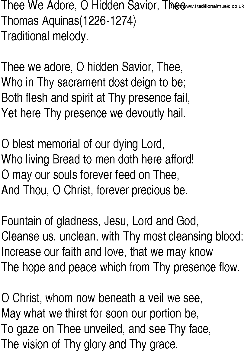 Hymn and Gospel Song: Thee We Adore, O Hidden Savior, Thee by Thomas Aquinas lyrics