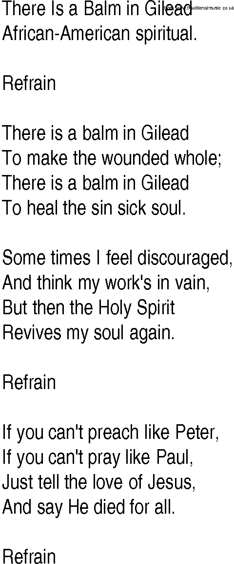 Hymn and Gospel Song: There Is a Balm in Gilead by AfricanAmerican spiritual lyrics