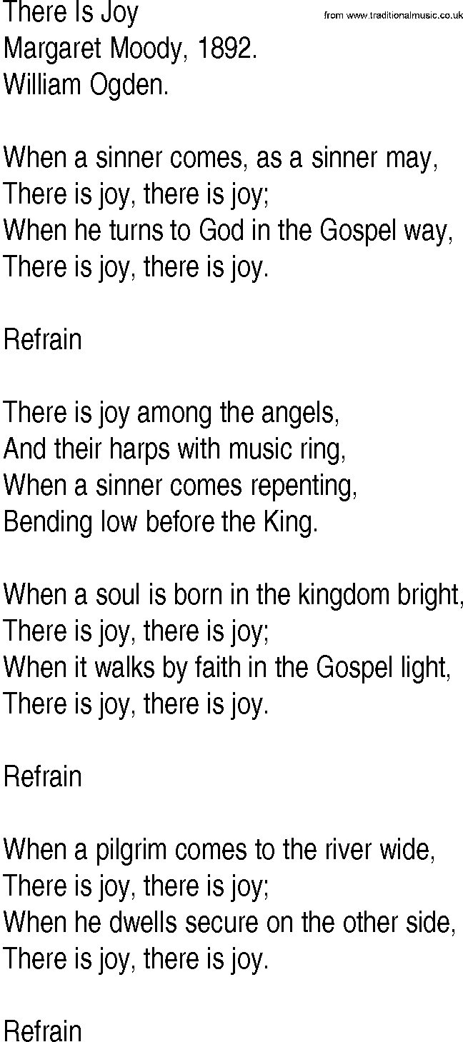 Hymn and Gospel Song Lyrics for There Is Joy by Margaret Moody