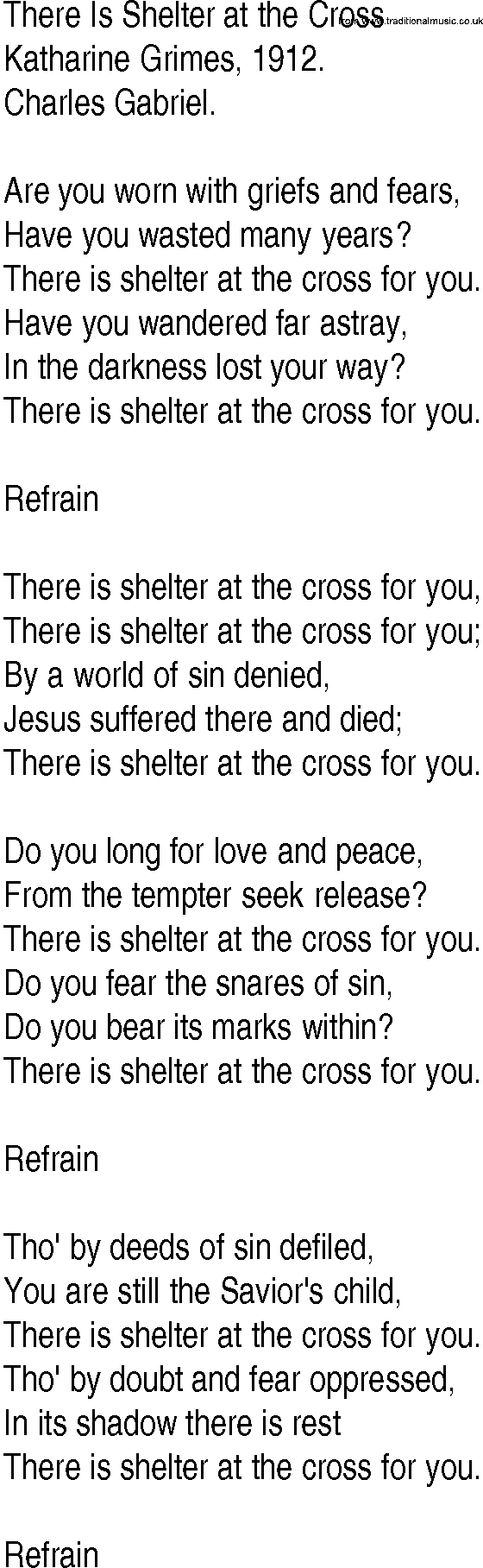 Hymn and Gospel Song: There Is Shelter at the Cross by Katharine Grimes lyrics