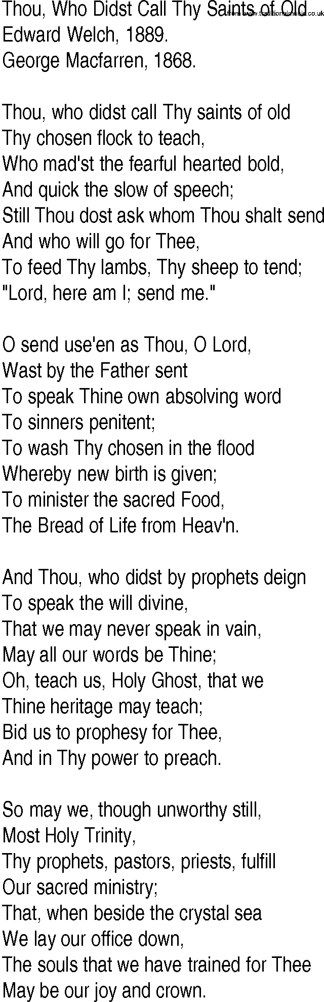 Hymn and Gospel Song: Thou, Who Didst Call Thy Saints of Old by Edward Welch lyrics