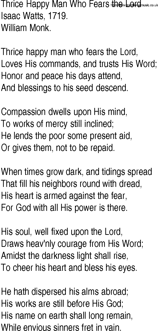 Hymn and Gospel Song: Thrice Happy Man Who Fears the Lord by Isaac Watts lyrics