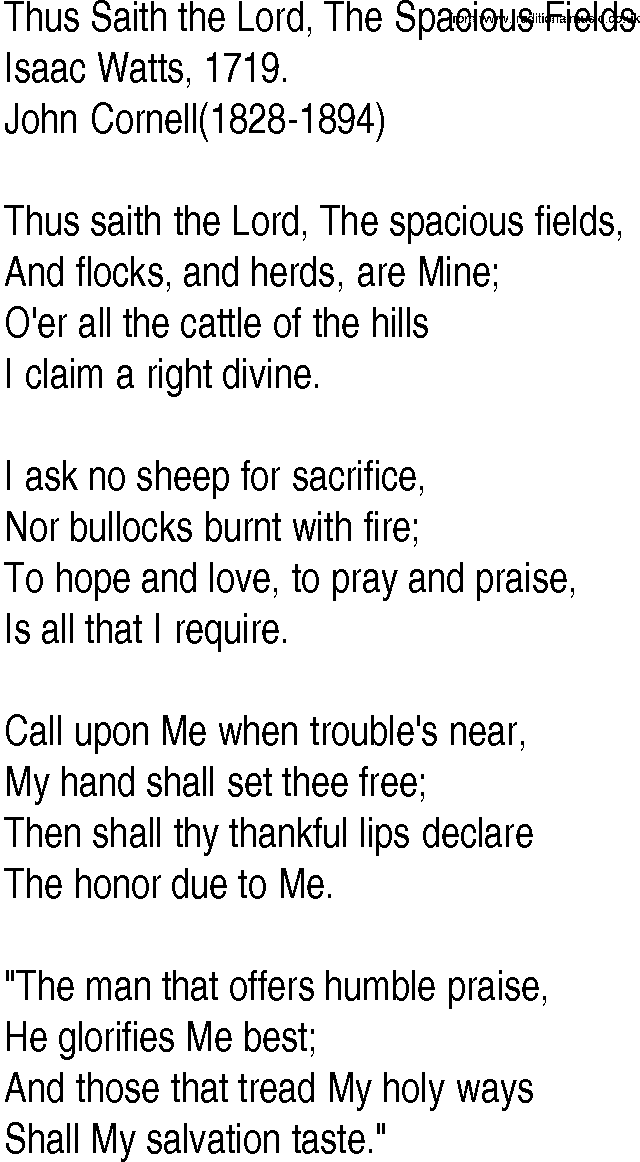 Hymn and Gospel Song: Thus Saith the Lord, The Spacious Fields by Isaac Watts lyrics