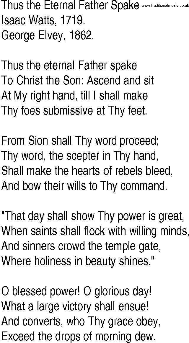 Hymn and Gospel Song: Thus the Eternal Father Spake by Isaac Watts lyrics