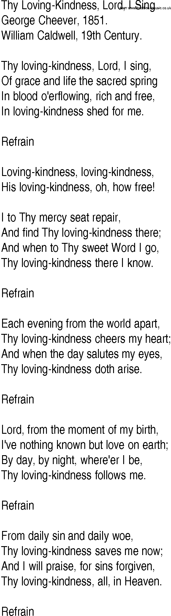 Hymn and Gospel Song: Thy Loving-Kindness, Lord, I Sing by George Cheever lyrics