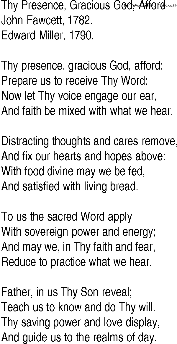 Hymn and Gospel Song: Thy Presence, Gracious God, Afford by John Fawcett lyrics
