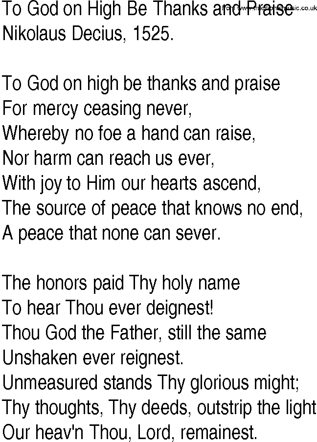 Hymn and Gospel Song: To God on High Be Thanks and Praise by Nikolaus Decius lyrics