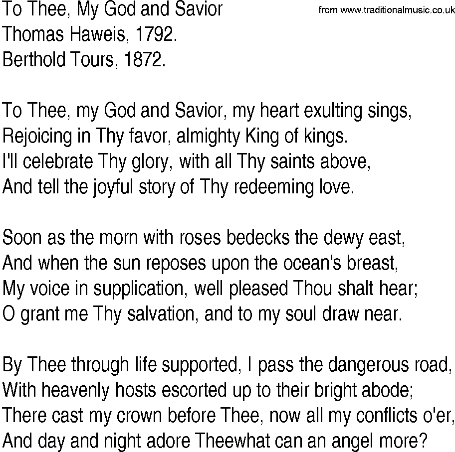 Hymn and Gospel Song: To Thee, My God and Savior by Thomas Haweis lyrics