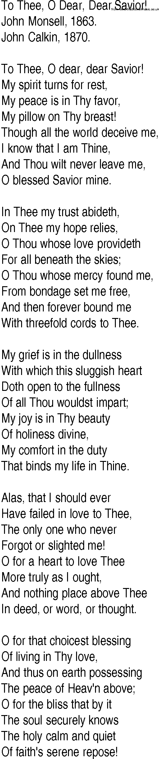 Hymn and Gospel Song: To Thee, O Dear, Dear Savior! by John Monsell lyrics