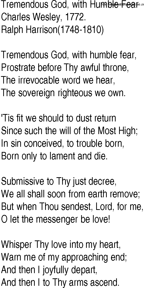 Hymn and Gospel Song: Tremendous God, with Humble Fear by Charles Wesley lyrics