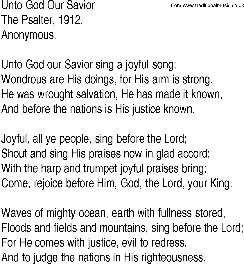 Hymn and Gospel Song: Unto God Our Savior by The Psalter lyrics