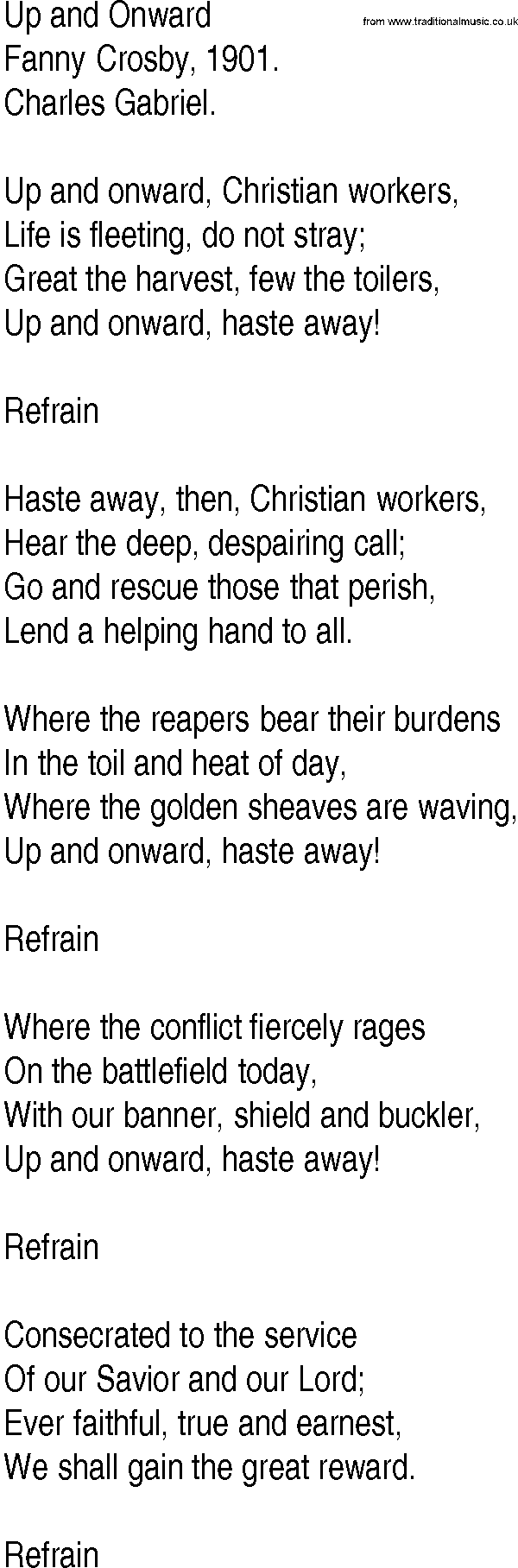 Hymn and Gospel Song: Up and Onward by Fanny Crosby lyrics