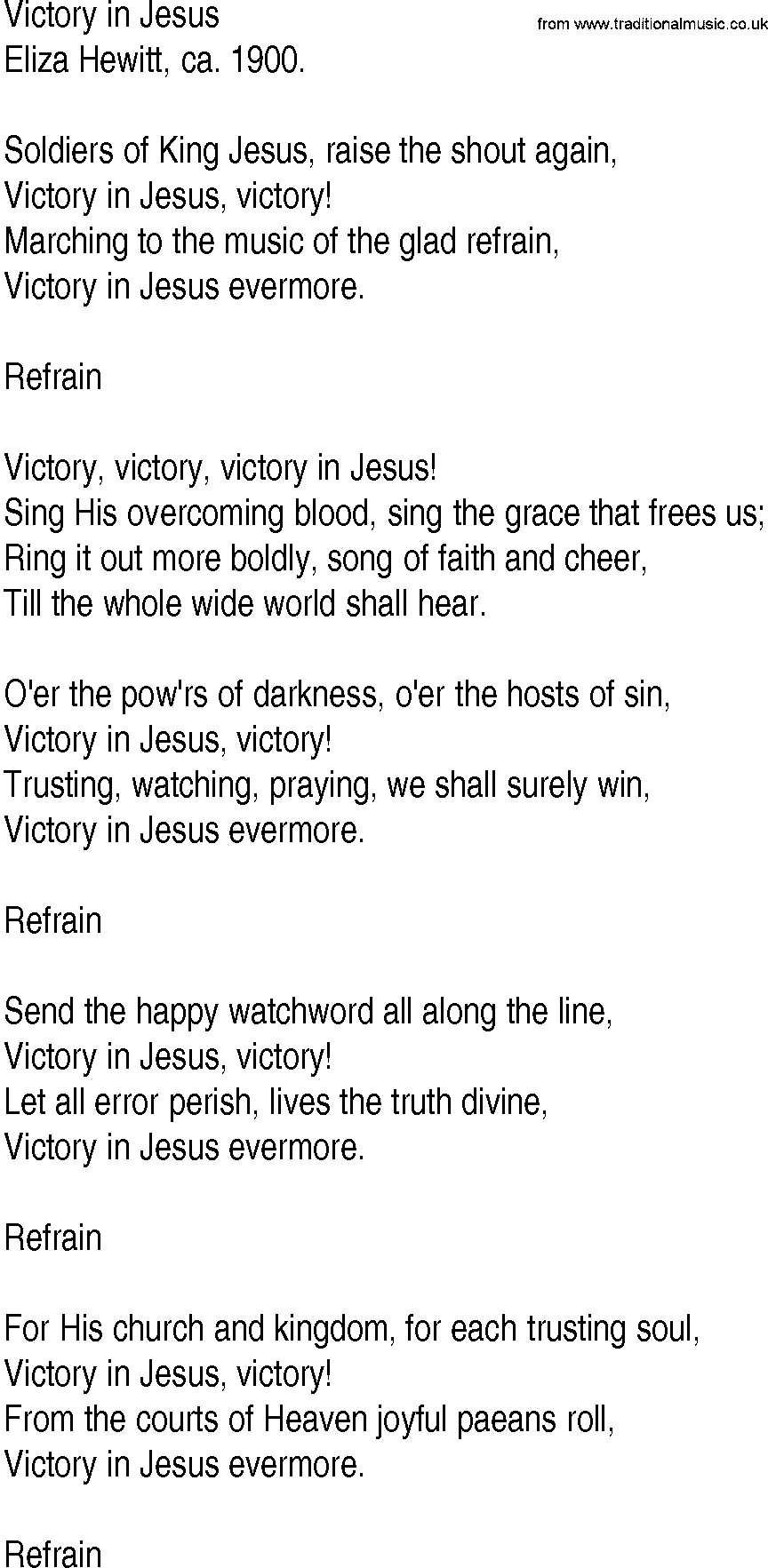 Hymn and Gospel Song Lyrics for Victory in Jesus by Eliza Hewitt ca