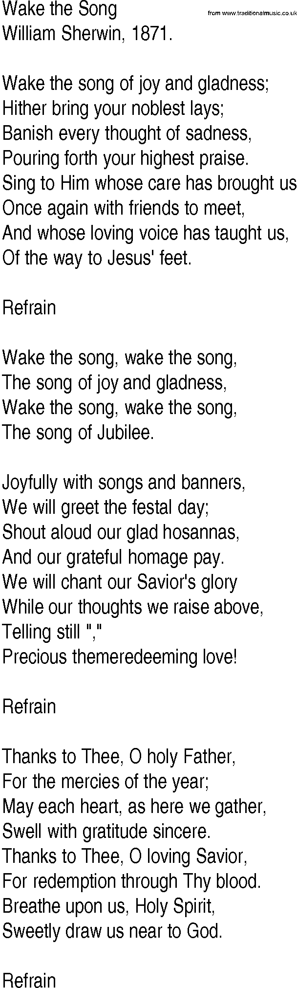 Hymn and Gospel Song: Wake the Song by William Sherwin lyrics