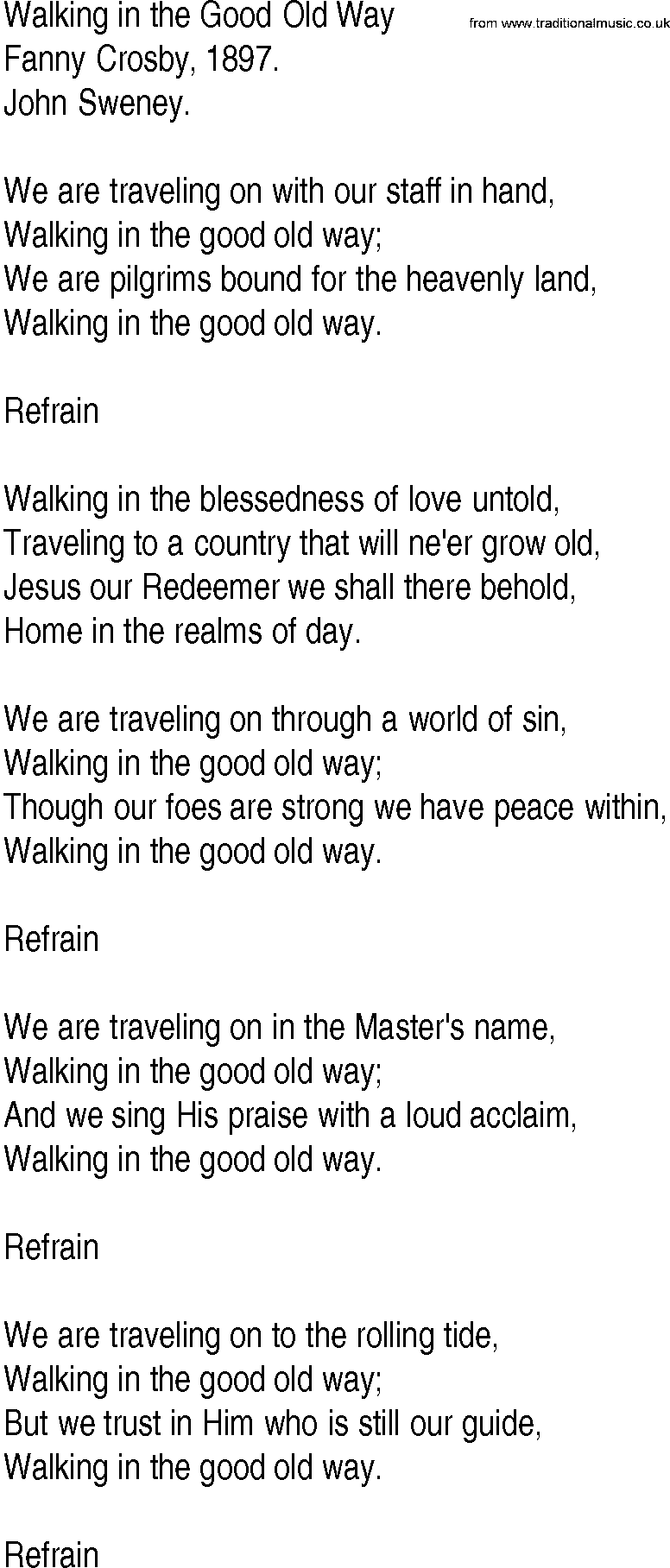 Hymn and Gospel Song: Walking in the Good Old Way by Fanny Crosby lyrics