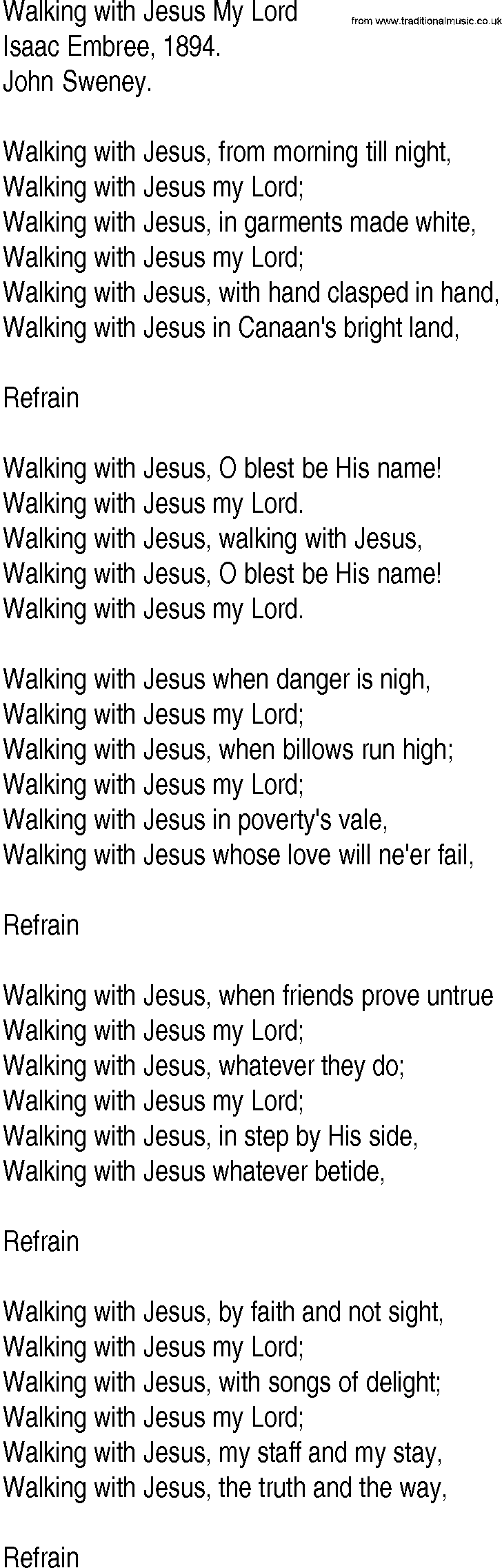 Hymn and Gospel Song: Walking with Jesus My Lord by Isaac Embree lyrics