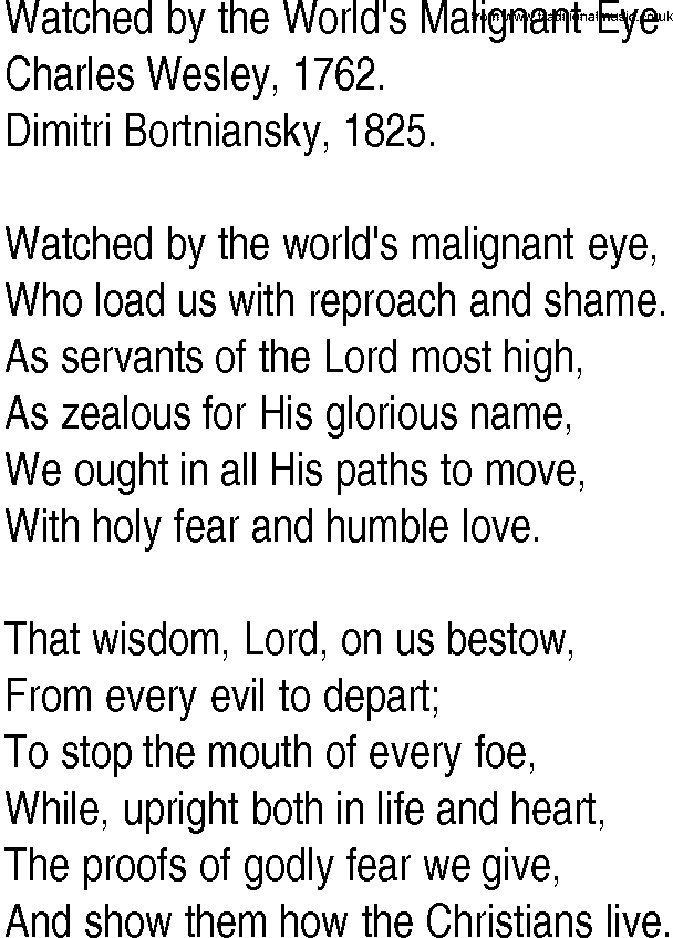 Hymn and Gospel Song: Watched by the World's Malignant Eye by Charles Wesley lyrics