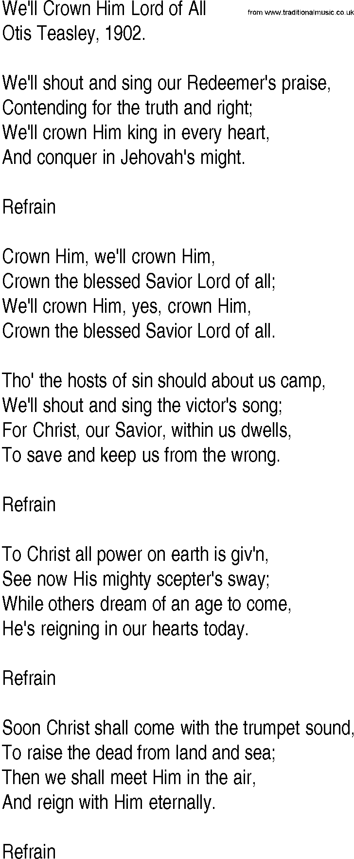 Hymn and Gospel Song: We'll Crown Him Lord of All by Otis Teasley lyrics