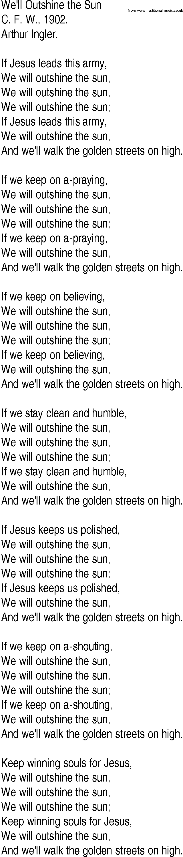 Hymn and Gospel Song: We'll Outshine the Sun by C F W lyrics