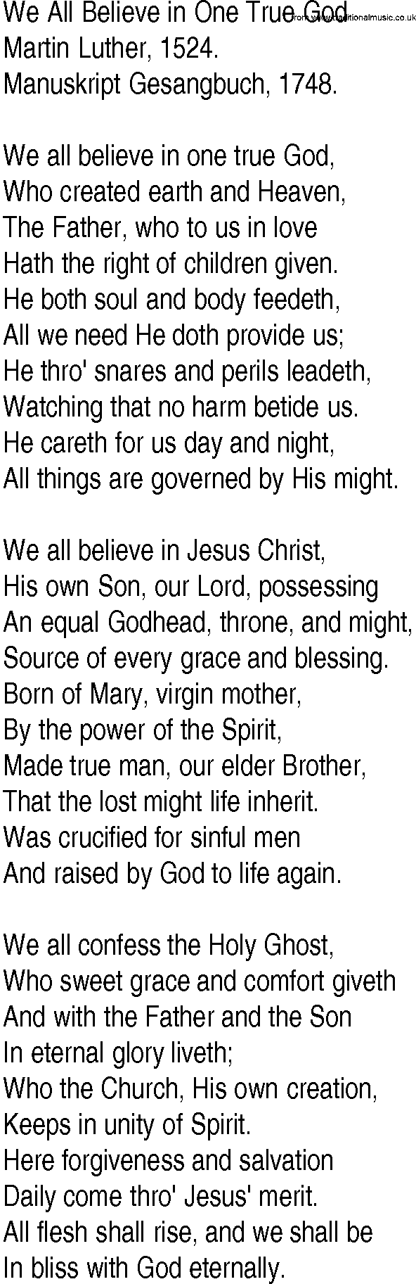 Hymn and Gospel Song: We All Believe in One True God by Martin Luther lyrics