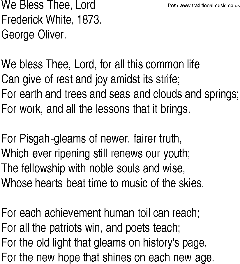 Hymn and Gospel Song: We Bless Thee, Lord by Frederick White lyrics