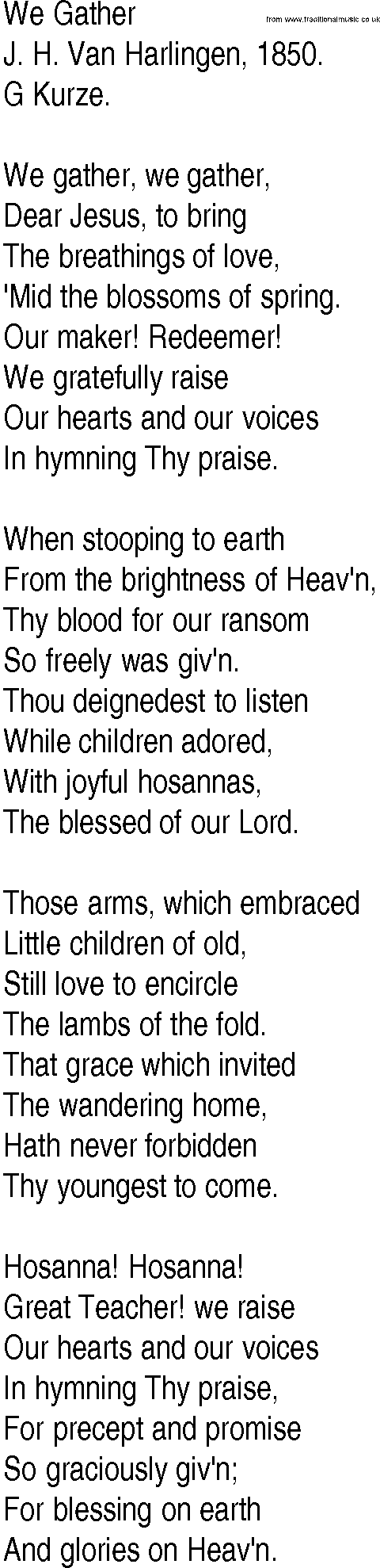 Hymn and Gospel Song: We Gather by J H Van Harlingen lyrics