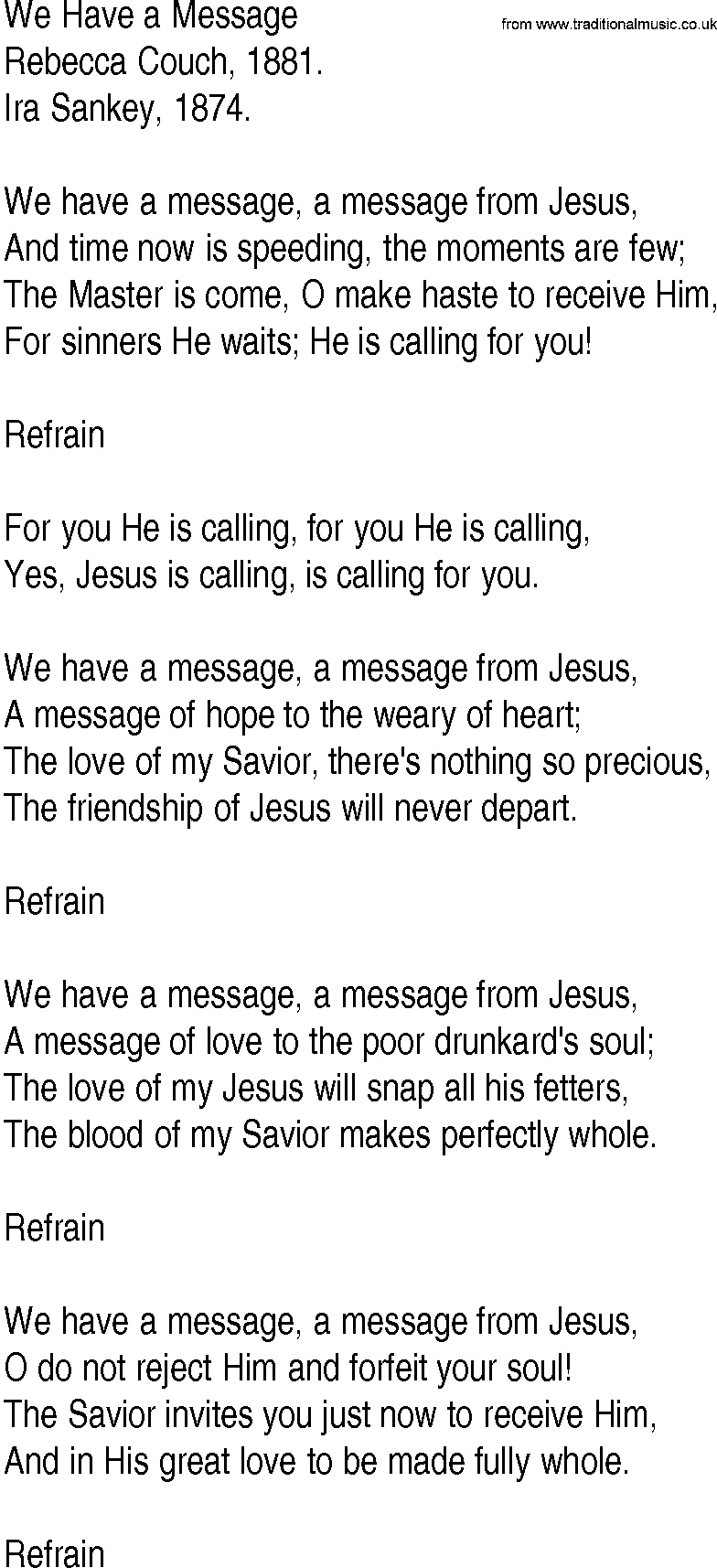 Hymn and Gospel Song: We Have a Message by Rebecca Couch lyrics