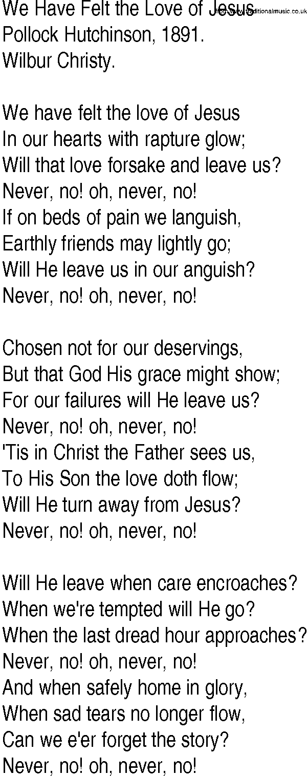Hymn and Gospel Song: We Have Felt the Love of Jesus by Pollock Hutchinson lyrics